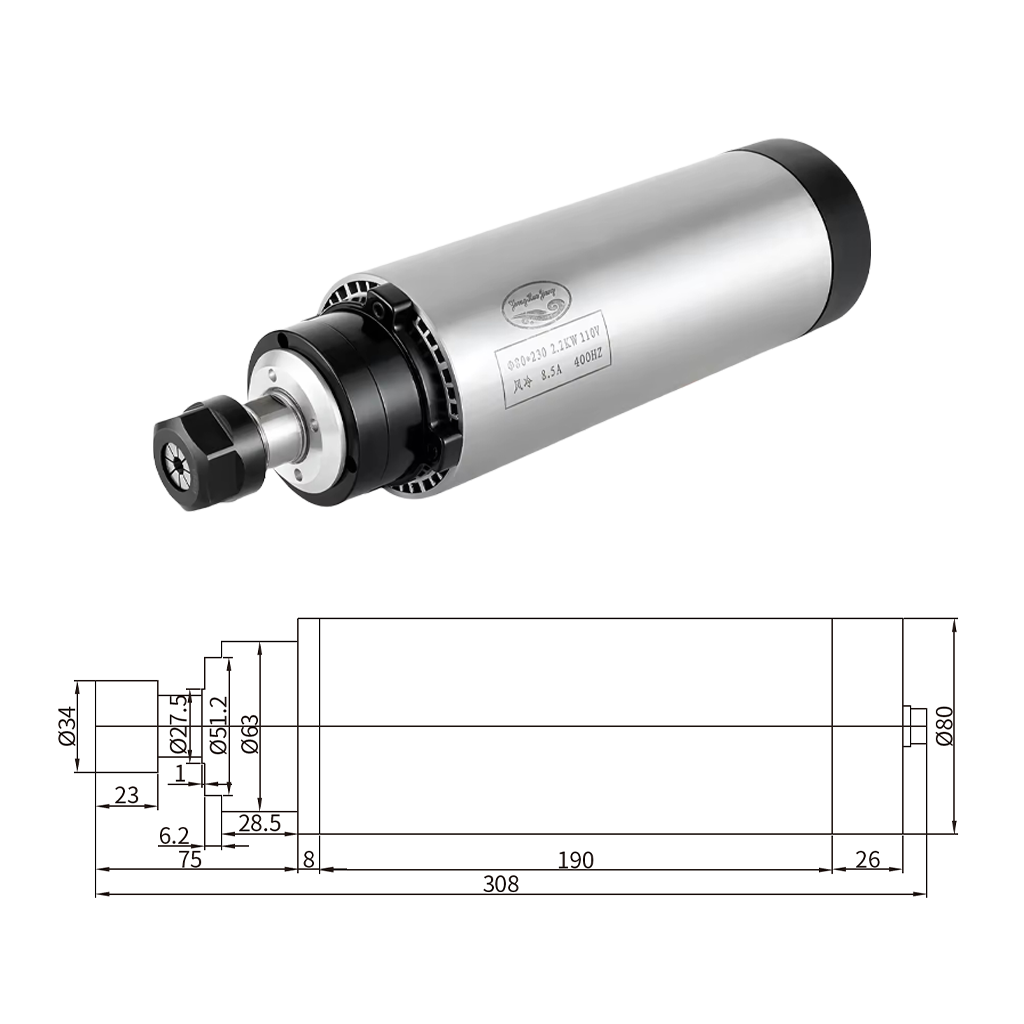 厂家直销 2.2KW ER20 80mm 风冷主轴110V/220V 高性能高精度CNC木工金属雕刻机高转速电机