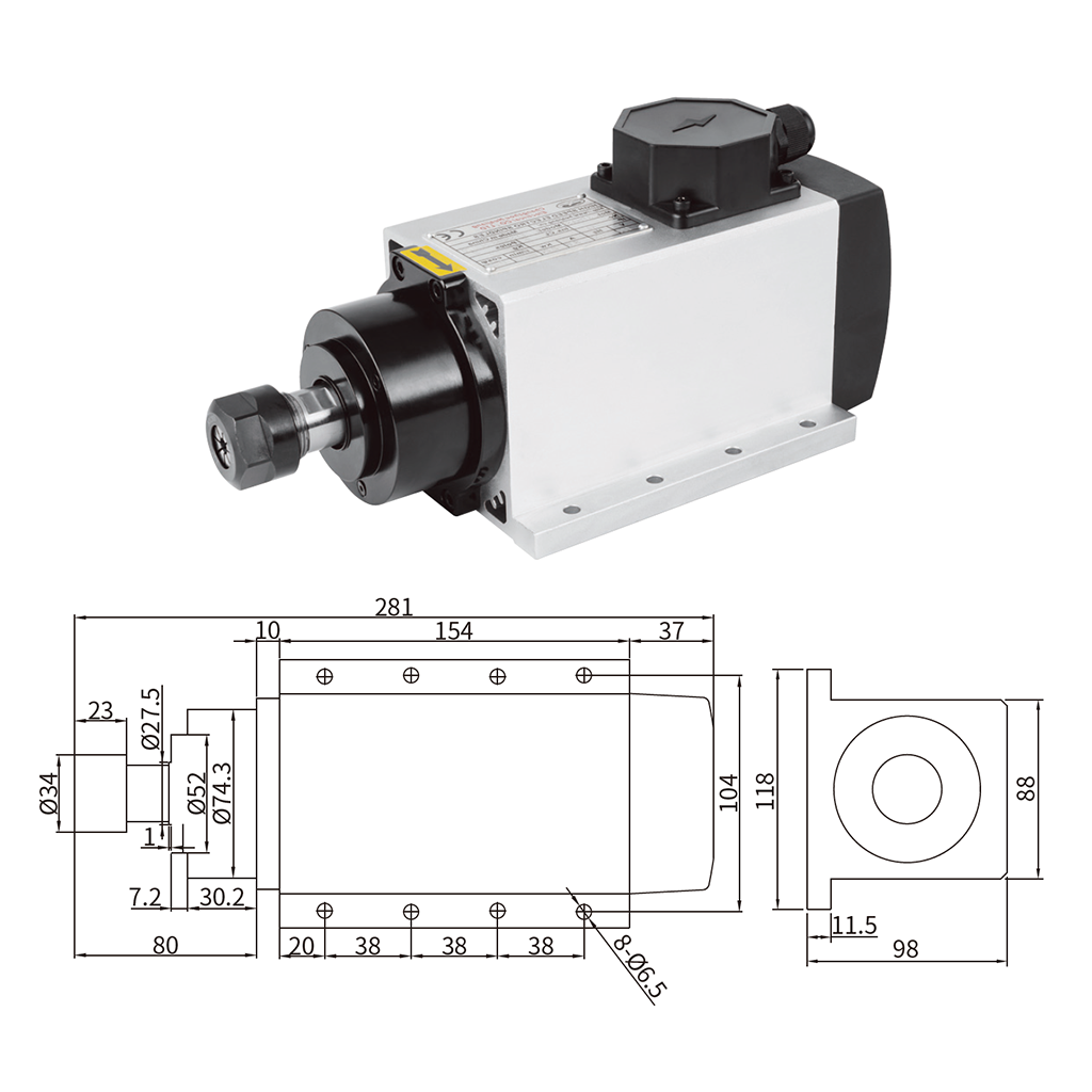 厂家直销 2.2KW ER20 方型风冷主轴 110V/220V 高性能高精度CNC木工金属雕刻机高转速电机
