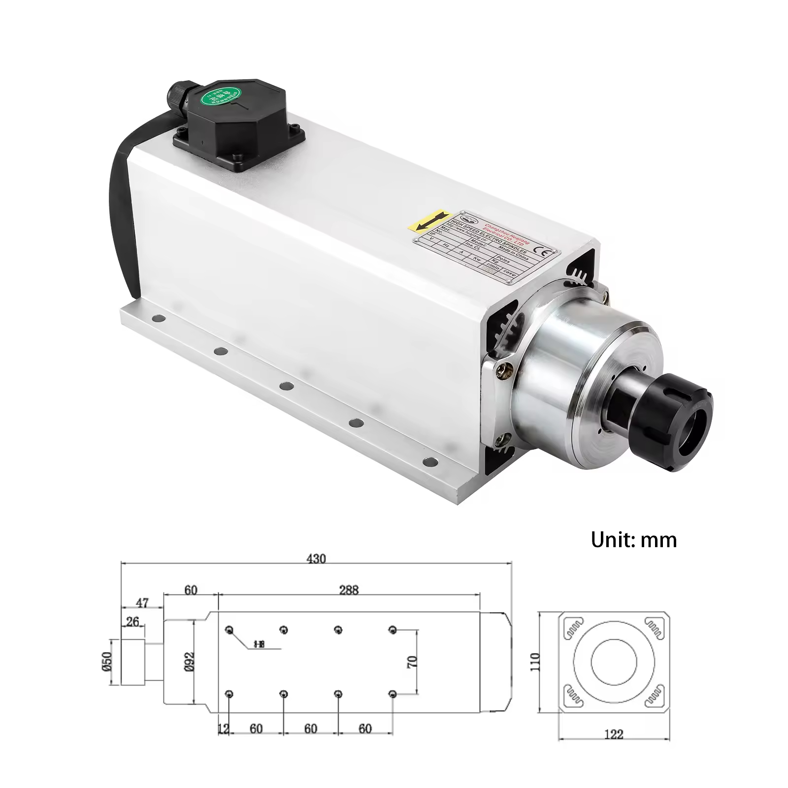 厂家直销 7.5KW ER32 方型风冷主轴 220V/380V 高性能高精度CNC木工金属雕刻机高转速电机