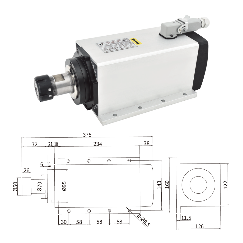 厂家直销 6KW ER32 方型风冷主轴 220V/380V 高性能高精度CNC木工金属雕刻机高转速电机