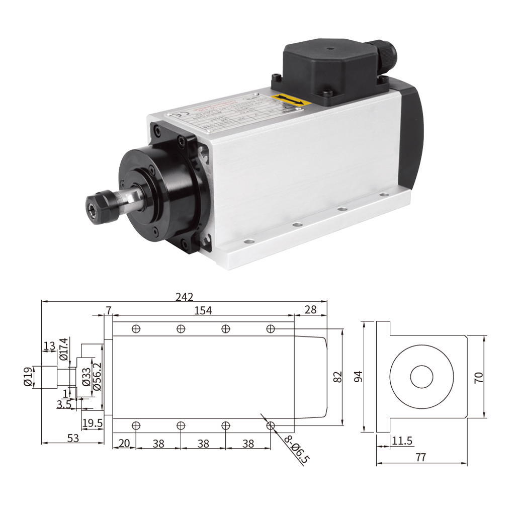 厂家直销 0.8KW ER11 方型风冷主轴 110V/220V 高性能高精度CNC木工金属雕刻机高转速电机